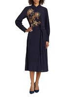 Placed Pleated Floral Silk Midi-Dress