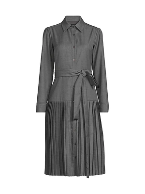 Pleated Wool Long-Sleeve Shirtdress