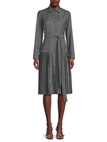 Pleated Wool Long-Sleeve Shirtdress