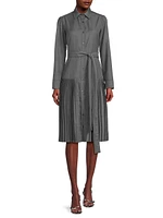 Pleated Wool Long-Sleeve Shirtdress