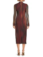 Ruched Ikat-Inspired-Print Mesh Midi-Dress