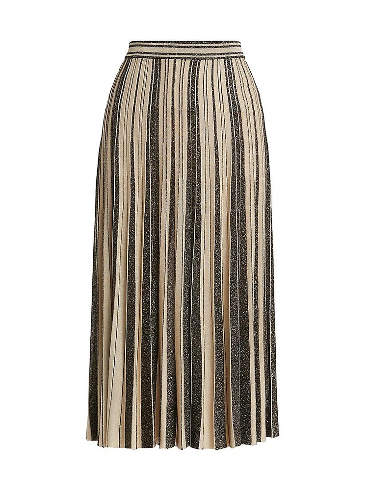 Story One Striped Metallic-Knit Pleated Midi-Skirt.