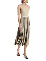 Story One Striped Metallic-Knit Pleated Midi-Skirt.