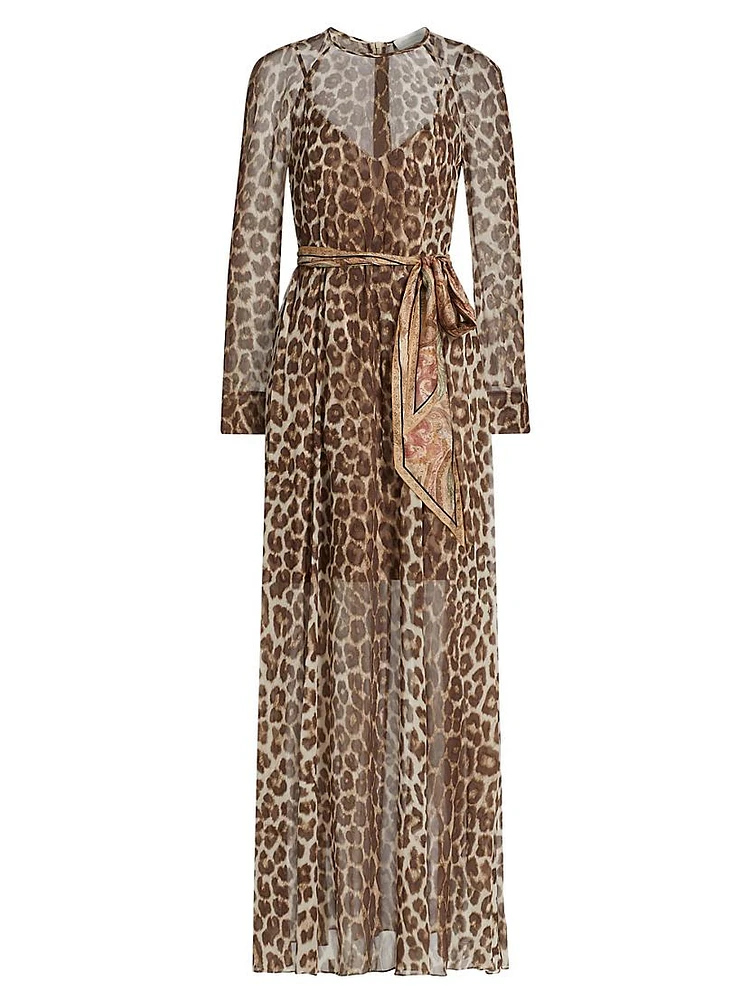 Leopard Print Long-Sleeve Maxi-Dress