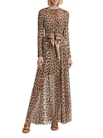 Leopard Print Long-Sleeve Maxi-Dress