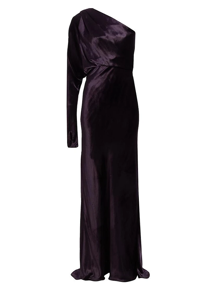 Asymmetric Velvet One-Shoulder Gown