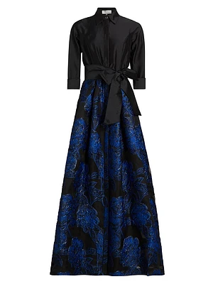 Jacquard Tie-Waist A-Line Gown