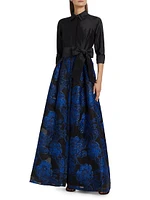 Jacquard Tie-Waist A-Line Gown