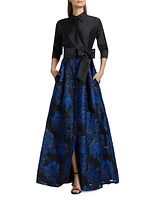 Jacquard Tie-Waist A-Line Gown