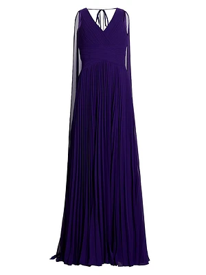 Pleated Chiffon Cape A-Line Gown