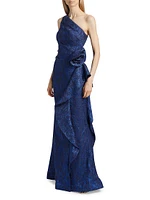 One-Shoulder Jacquard Rosette Gown