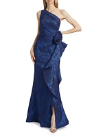 One-Shoulder Jacquard Rosette Gown