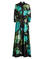 Floral Satin Tie-Waist A-Line Gown