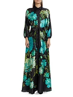 Floral Satin Tie-Waist A-Line Gown