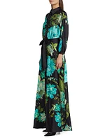 Floral Satin Tie-Waist A-Line Gown