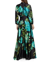 Floral Satin Tie-Waist A-Line Gown