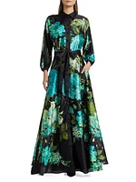 Floral Satin Tie-Waist A-Line Gown