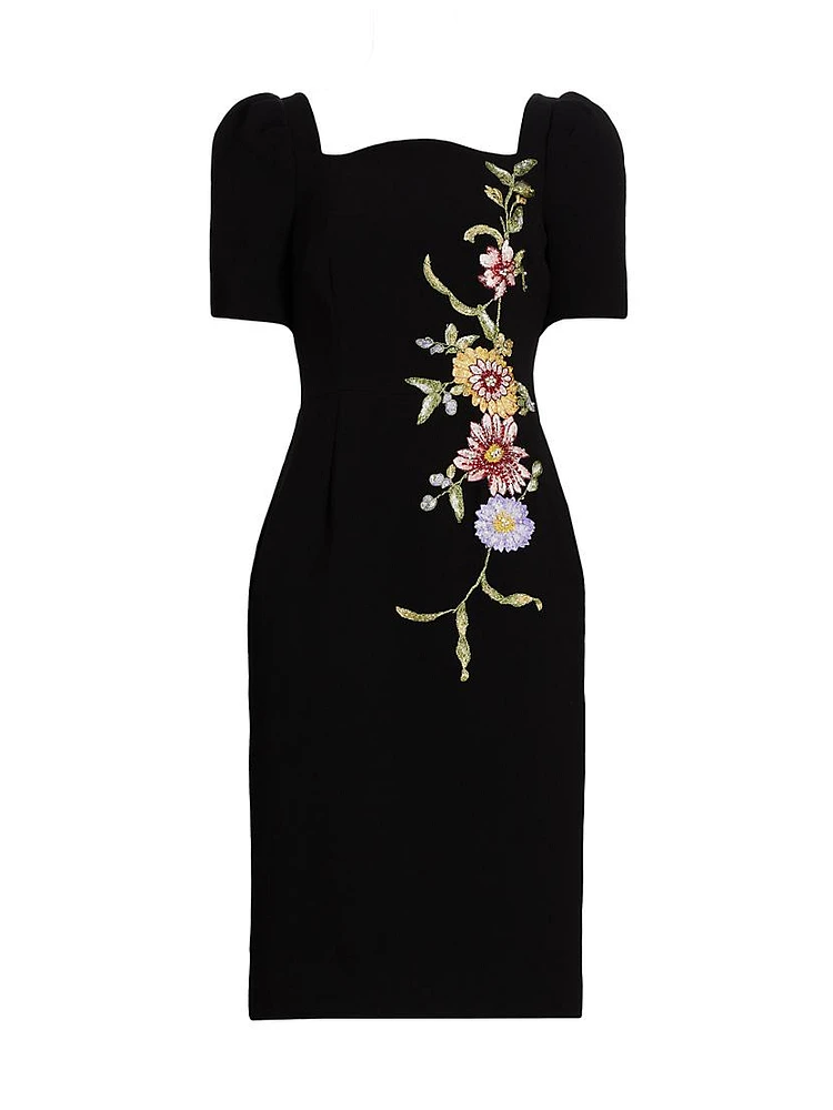 Floral-Embroidered Crepe Cocktail Dress