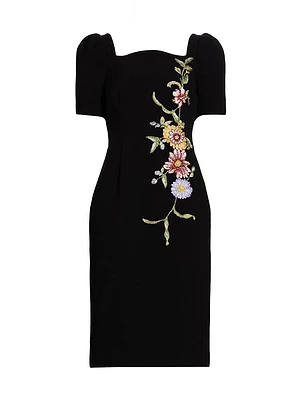 Floral-Embroidered Crepe Cocktail Dress