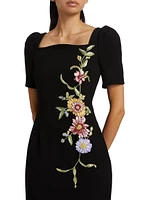 Floral-Embroidered Crepe Cocktail Dress