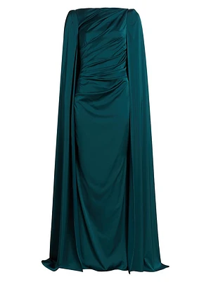 Draped Voile Satin Cape Gown