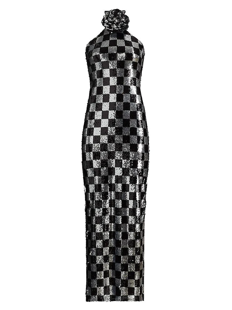 Beetlejuice II x RodarteCheckered Sequined Halter Gown