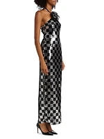 Beetlejuice II x RodarteCheckered Sequined Halter Gown