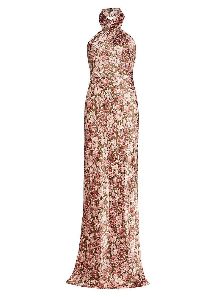 Alberta Floral Silk-Blend Halter Gown