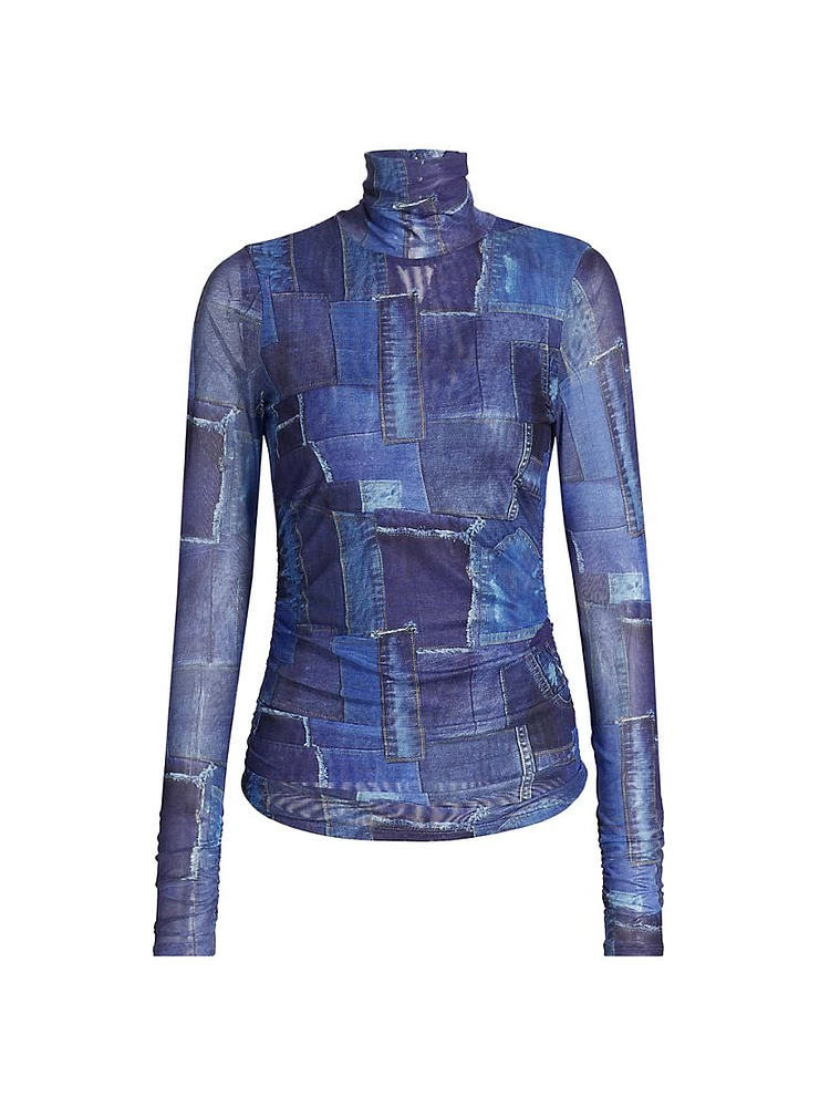 Photoreal Denim Mesh Turtleneck Top