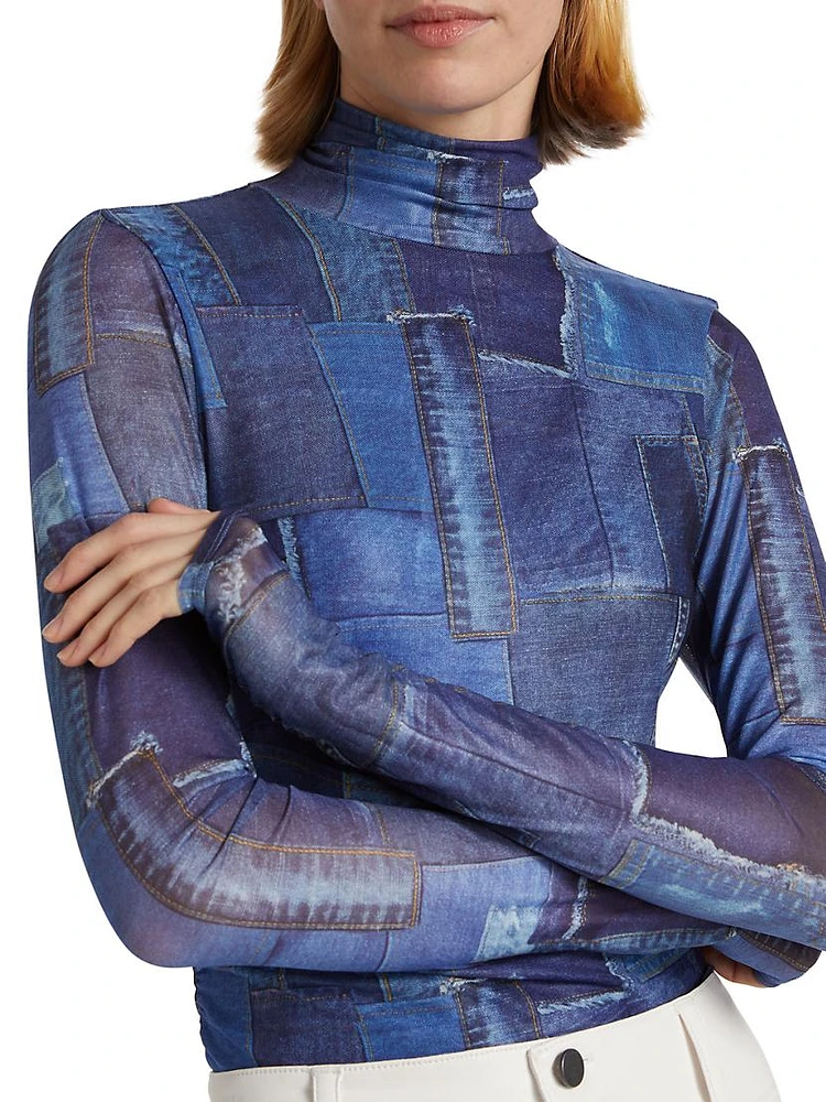 Photoreal Denim Mesh Turtleneck Top