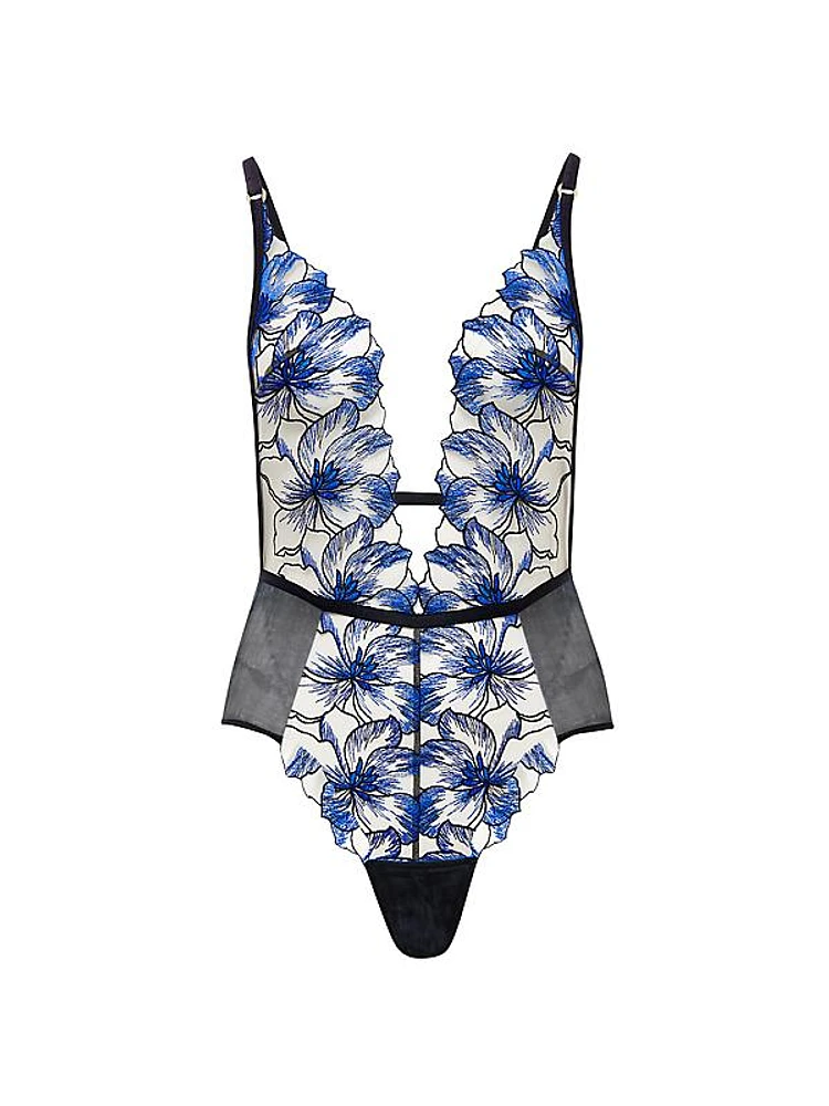 Floral-Embroidered Mesh Plunge Bodysuit