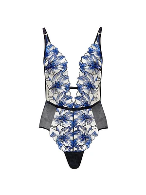 Floral-Embroidered Mesh Plunge Bodysuit