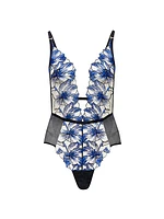 Floral-Embroidered Mesh Plunge Bodysuit