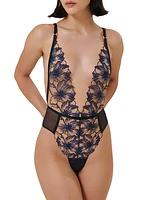 Floral-Embroidered Mesh Plunge Bodysuit