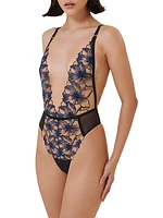 Floral-Embroidered Mesh Plunge Bodysuit