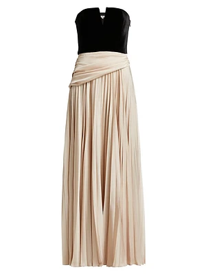 Tabitha Velvet & Charmeuse Pleated Gown