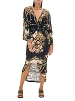 Floral Knit Long-Sleeve Twist-Front Midi-Dress