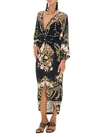 Floral Knit Long-Sleeve Twist-Front Midi-Dress