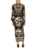 Floral Knit Long-Sleeve Twist-Front Midi-Dress