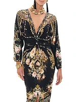 Floral Knit Long-Sleeve Twist-Front Midi-Dress