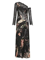 Splice Floral Lace Silk One-Shoulder Maxi Dress