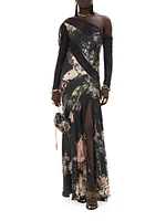 Splice Floral Lace Silk One-Shoulder Maxi Dress