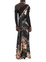 Splice Floral Lace Silk One-Shoulder Maxi Dress