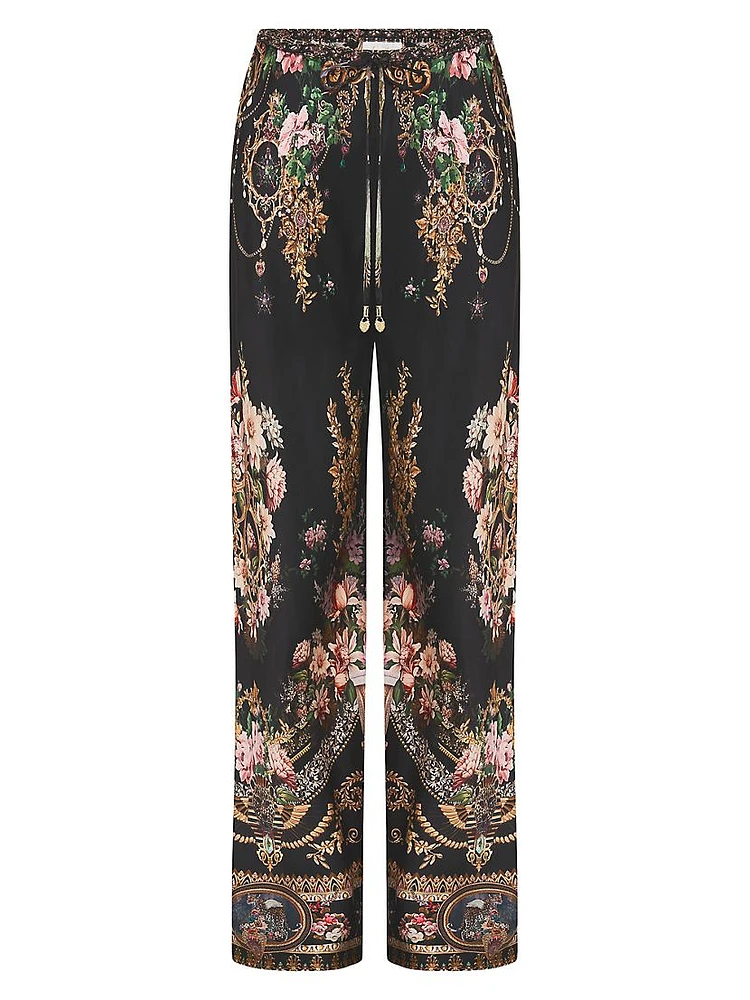 Floral Silk Wide-Leg Pants