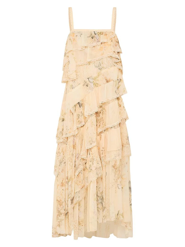 Floral Lace Silk Tiered Maxi Dress