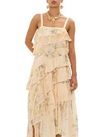 Floral Lace Silk Tiered Maxi Dress