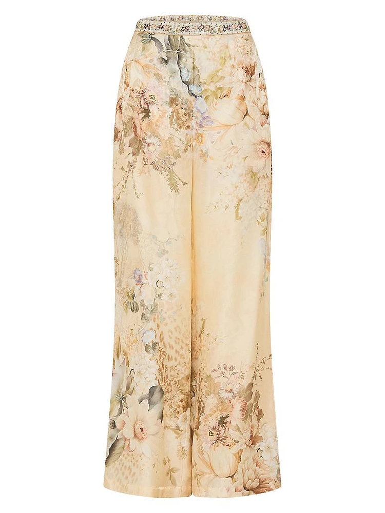 Floral Silk-Blend Wide Leg Pants