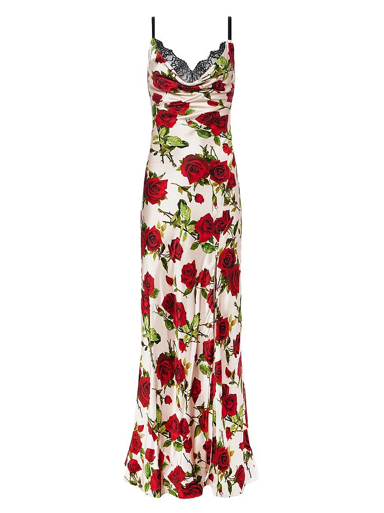 Venice Floral Silk Cowlneck Gown