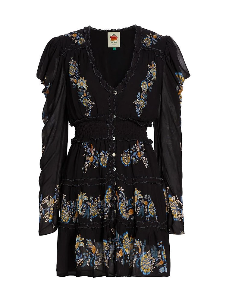 Floral-Embroidered Long-Sleeve Minidress