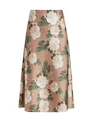 Aviva Floral Stretch Silk Midi-Skirt